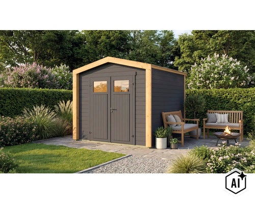 Modernes Gartenhaus aus Holz mit Doppeltüren und Fenstern in einem gepflegten Garten mit Sitzbereich und Feuerstelle. (Image AI modified or generated)