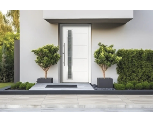 Moderne Haustür mit horizontalen Rillen, schmalem vertikalem Lichtausschnitt und langem Stangengriff im hellen und organisierten Eingangsbereich eines Hauses.