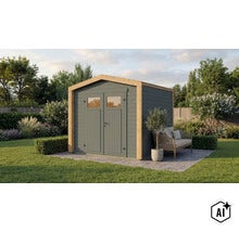 Modernes Gartenhaus aus Holz mit Doppeltür und Fenstern auf einer gepflasterten Terrasse im grünen Garten mit Sitzbank. (Image AI modified or generated)