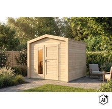 Ein hölzernes Gartenhaus mit Satteldach und einer Doppeltür mit Glaselement, aufgestellt auf einer Terrasse in einem grünen Garten. (Image AI modified or generated)