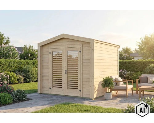 Ein helles Holzgartenhaus mit Satteldach und Doppeltür mit Lamellenfenstern steht auf einer Terrasse in einem grünen Garten. (Image AI modified or generated)