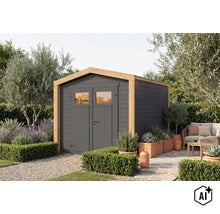 Modernes Gartenhaus aus Holz mit Doppeltür und Fenstern in einem gepflegten Garten mit Sitzbereich und Pflanzenkübeln. (Image AI modified or generated)