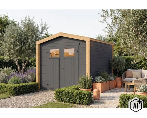 Modernes Gartenhaus aus Holz mit Doppeltür und Fenstern in einem gepflegten Garten mit Sitzbereich und Pflanzenkübeln. (Image AI modified or generated)
