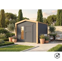 Modernes Gartenhaus aus Holz mit Pultdach, Tür mit Glaseinsatz und Sitzbereich auf einer Steinterrasse im Garten. (Image AI modified or generated)