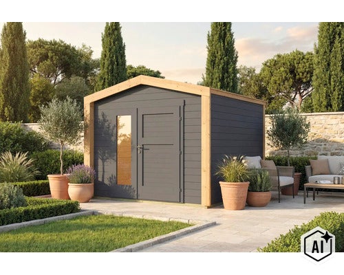 Modernes Gartenhaus aus Holz mit Pultdach, Tür mit Glaseinsatz und Sitzbereich auf einer Steinterrasse im Garten. (Image AI modified or generated)