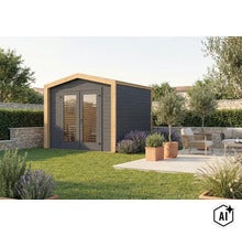 Modernes Gartenhaus aus Holz mit Doppeltüren und großen Fenstern, aufgestellt in einem gepflegten Garten mit Terrasse und mediterranen Pflanzen. (Image AI modified or generated)
