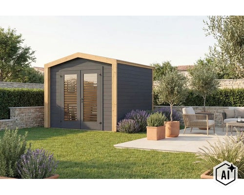 Modernes Gartenhaus aus Holz mit Doppeltüren und großen Fenstern, aufgestellt in einem gepflegten Garten mit Terrasse und mediterranen Pflanzen. (Image AI modified or generated)
