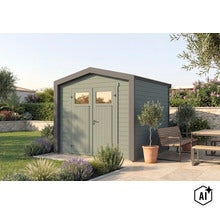 Modernes Gartenhaus aus Holz mit Doppeltüren und Fenstern im Garten mit Terrasse und Sitzgruppe. (Image AI modified or generated)