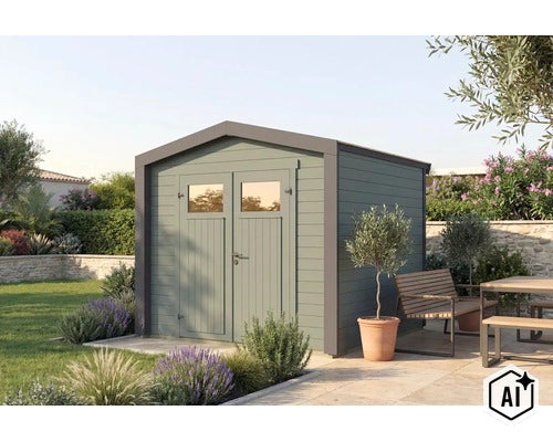 Modernes Gartenhaus aus Holz mit Doppeltüren und Fenstern im Garten mit Terrasse und Sitzgruppe. (Image AI modified or generated)