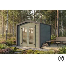 Modernes Gartenhaus aus Holz mit Doppeltüren und großen Glasfenstern in einer Waldlandschaft mit Terrasse und Sitzgelegenheit. (Image AI modified or generated)