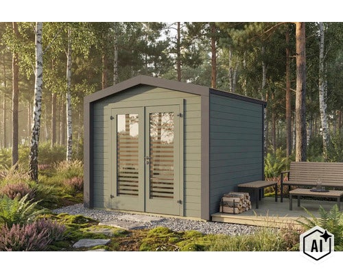 Modernes Gartenhaus aus Holz mit Doppeltüren und großen Glasfenstern in einer Waldlandschaft mit Terrasse und Sitzgelegenheit. (Image AI modified or generated)
