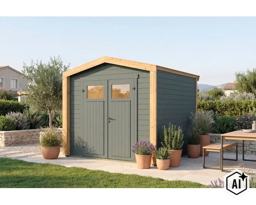 Modernes Gartenhaus aus Holz mit Doppeltür und Fenstern in einem gepflegten Gartenbereich mit Pflanzen und Sitzgelegenheiten. (Image AI modified or generated)