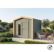 Modernes Gartenhaus aus Holz mit Satteldach und verglaster Doppeltür in einem gepflegten Garten auf einer Terrasse. (Image AI modified or generated)