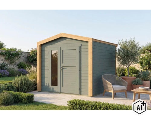 Modernes Gartenhaus aus Holz mit Satteldach und verglaster Doppeltür in einem gepflegten Garten auf einer Terrasse. (Image AI modified or generated)