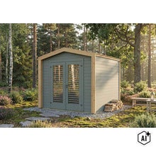 Modernes Gartenhaus aus Holz mit Doppeltür und Glasfenstern in einer Waldlandschaft. (Image AI modified or generated)