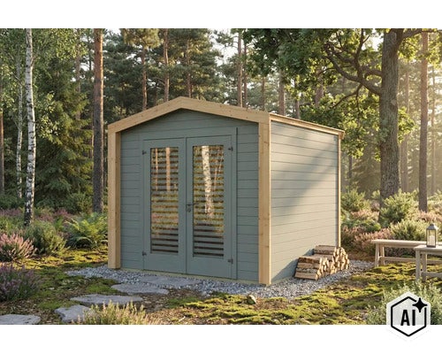 Modernes Gartenhaus aus Holz mit Doppeltür und Glasfenstern in einer Waldlandschaft. (Image AI modified or generated)