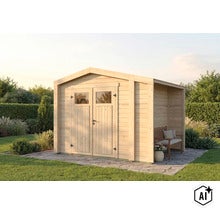 Gartenhaus aus Holz mit Doppeltür und seitlichem Anbau auf einer Terrasse im Garten platziert. (Image AI modified or generated)