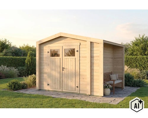 Gartenhaus aus Holz mit Doppeltür und seitlichem Anbau auf einer Terrasse im Garten platziert. (Image AI modified or generated)