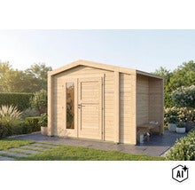 Gartenhaus aus Holz mit Pultdach und seitlichem Anbau auf einer Terrasse in einem Garten. (Image AI modified or generated)