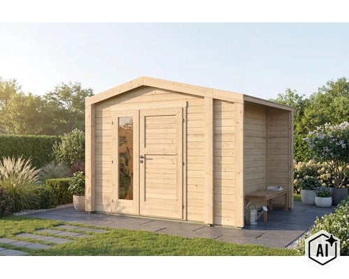 Gartenhaus aus Holz mit Pultdach und seitlichem Anbau auf einer Terrasse in einem Garten. (Image AI modified or generated)