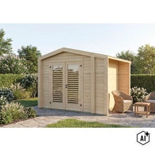 Holzgartenhaus mit Doppeltür und seitlichem Anbau in einem Garten mit Terrasse und Gartenmöbeln. (Image AI modified or generated)