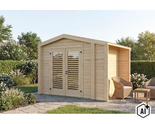 Holzgartenhaus mit Doppeltür und seitlichem Anbau in einem Garten mit Terrasse und Gartenmöbeln. (Image AI modified or generated)