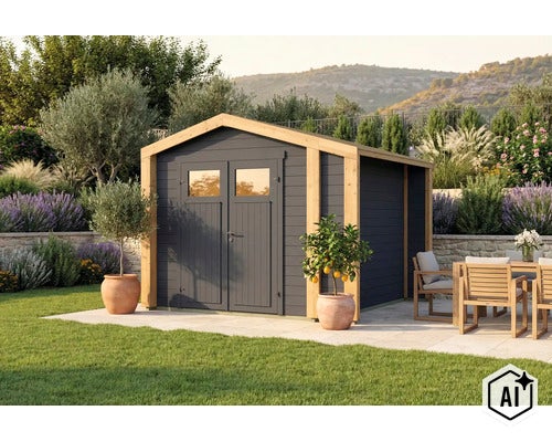 Modernes Gartenhaus aus Holz mit Satteldach und Doppelflügeltür auf einer Terrasse in einem gepflegten Garten mit Sitzgruppe. (Image AI modified or generated)