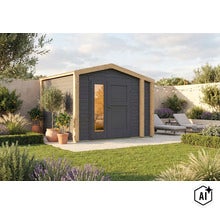 Modernes Gartenhaus aus Holz mit Doppeltür und Glaseinsatz, aufgestellt in einem gepflegten Garten mit Terrasse und Liegestühlen. (Image AI modified or generated)