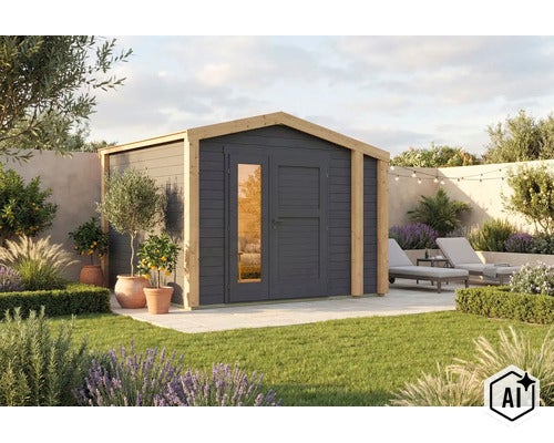 Modernes Gartenhaus aus Holz mit Doppeltür und Glaseinsatz, aufgestellt in einem gepflegten Garten mit Terrasse und Liegestühlen. (Image AI modified or generated)