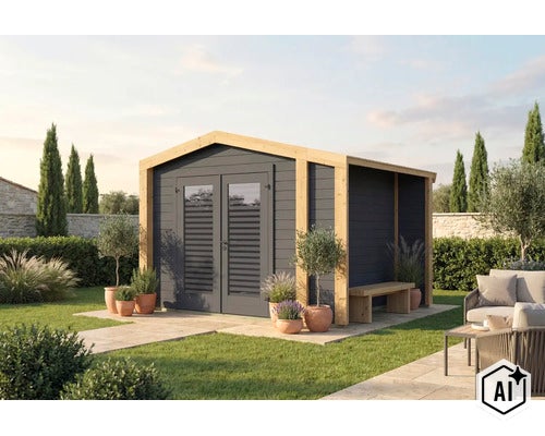 Modernes Gartenhaus aus Holz mit Doppeltür und seitlichem Anbau inklusive Sitzbank in einem gepflegten Garten. (Image AI modified or generated)