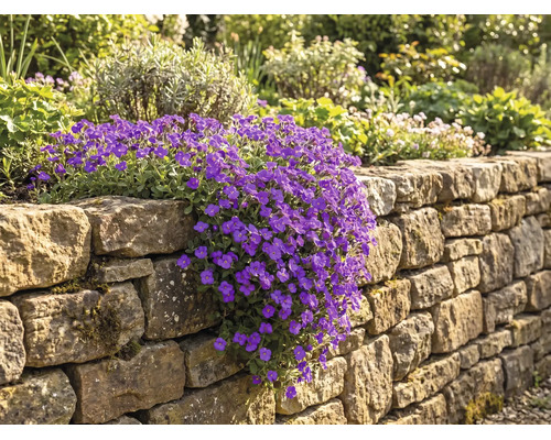 Blaukissen mit violetten Blüten wächst kaskadenartig über eine Trockenmauer aus Naturstein in einem Garten.
