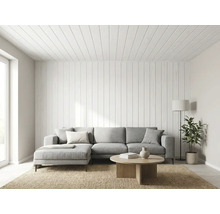 Modernes Wohnzimmer mit grauem Sofa, Holz-Couchtisch, Jute-Teppich, Stehlampe und Pflanze vor einer Wand und Decke mit Holzvertäfelung.