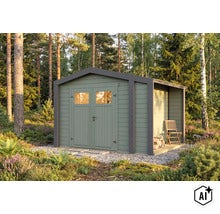 Modernes Gartenhaus aus Holz mit Doppeltür, Glasfenstern und integriertem seitlichen Unterstand in einer waldreichen Umgebung. (Image AI modified or generated)