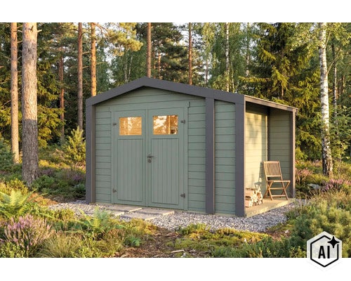 Modernes Gartenhaus aus Holz mit Doppeltür, Glasfenstern und integriertem seitlichen Unterstand in einer waldreichen Umgebung. (Image AI modified or generated)