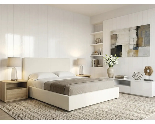 Helles Schlafzimmer mit weißem Polsterbett, Nachttischen aus hellem Holz, Wandpaneelen und Einbauregalen im minimalistischen Design.