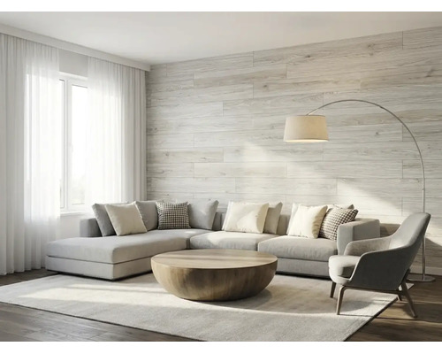 Wandpaneele in Holzoptik im hellen, modernen Wohnzimmer mit Ecksofa und rundem Couchtisch.