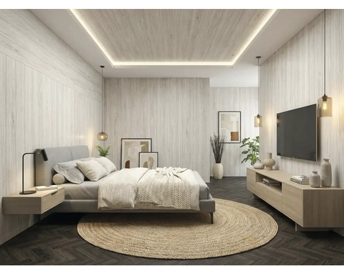 Modernes Schlafzimmer mit hellen Wand- und Deckenpaneelen in Holzoptik, indirekter Beleuchtung, Doppelbett und dunklem Fischgrätboden.
