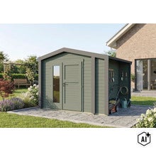 Modernes Gartenhaus aus Holz mit integriertem Schleppdach auf einer Terrasse in einem gepflegten Garten mit Rasen und Blumenbeeten. (Image AI modified or generated)