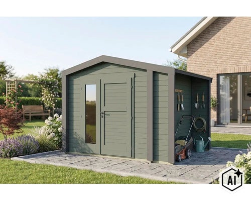 Modernes Gartenhaus aus Holz mit integriertem Schleppdach auf einer Terrasse in einem gepflegten Garten mit Rasen und Blumenbeeten. (Image AI modified or generated)