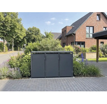 Moderne Dreier-Mülltonnenbox aus Metall in einem gepflegten Vorgarten vor einem Backsteinhaus.
