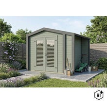 Modernes Gartenhaus aus Holz mit Doppeltüren und seitlichem Anbau auf einer Terrasse in einem Garten. (Image AI modified or generated)
