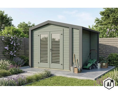 Modernes Gartenhaus aus Holz mit Doppeltüren und seitlichem Anbau auf einer Terrasse in einem Garten. (Image AI modified or generated)