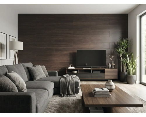 Modernes Wohnzimmer mit einer Akzentwand aus Wandpaneelen in dunkler Holzoptik, grauem Ecksofa und Holz-Couchtisch.