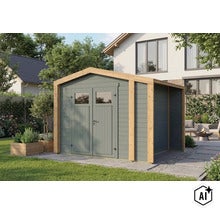 Modernes Gartenhaus aus Holz mit Doppeltür und seitlichem Anbau im Garten (Image AI modified or generated)
