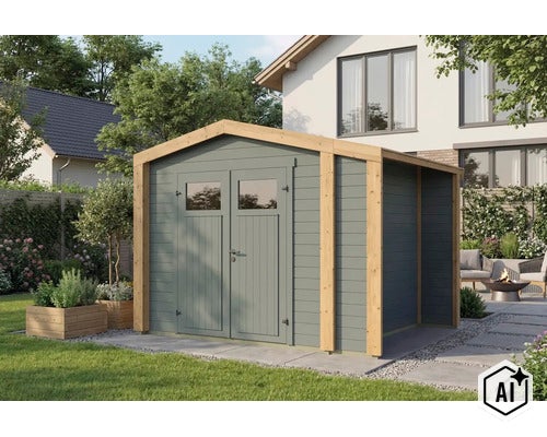 Modernes Gartenhaus aus Holz mit Doppeltür und seitlichem Anbau im Garten (Image AI modified or generated)