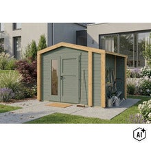 Gartenhaus aus Holz mit Pultdach und angebautem Schleppdach inklusive Gartengeräten vor einem modernen Wohnhaus im Garten. (Image AI modified or generated)