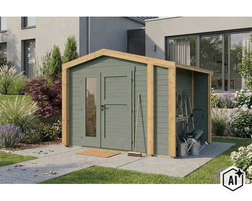 Gartenhaus aus Holz mit Pultdach und angebautem Schleppdach inklusive Gartengeräten vor einem modernen Wohnhaus im Garten. (Image AI modified or generated)