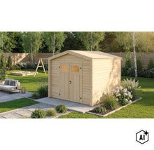 Gartenhaus aus Holz mit Satteldach und Doppeltür mit Fenstereinsätzen, aufgestellt in einem gepflegten Garten mit Sitzbereich und Sandkasten. (Image AI modified or generated)