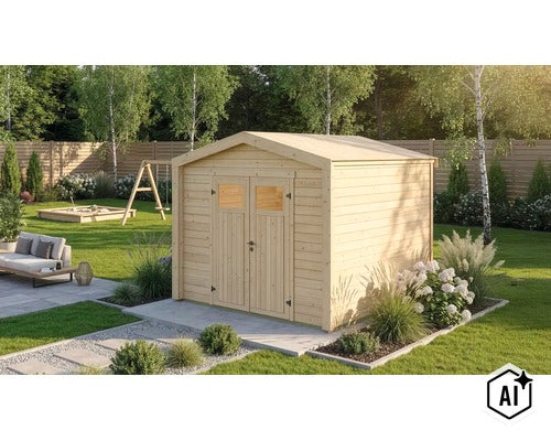 Gartenhaus aus Holz mit Satteldach und Doppeltür mit Fenstereinsätzen, aufgestellt in einem gepflegten Garten mit Sitzbereich und Sandkasten. (Image AI modified or generated)