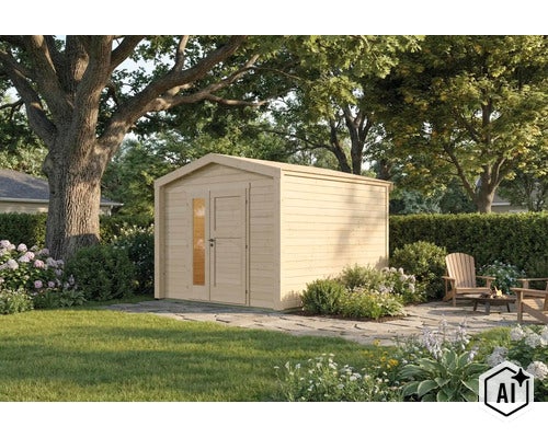 Gartenhaus aus Holz mit Satteldach und einer Tür mit Glaseinsatz im grünen Garten auf einer Steinplatte. (Image AI modified or generated)